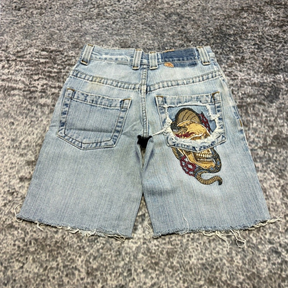 VTG JNCO Shorts Youth Size 8 (25" Waist) Blue Embroidered Skull Dragon Baggy Y2K
